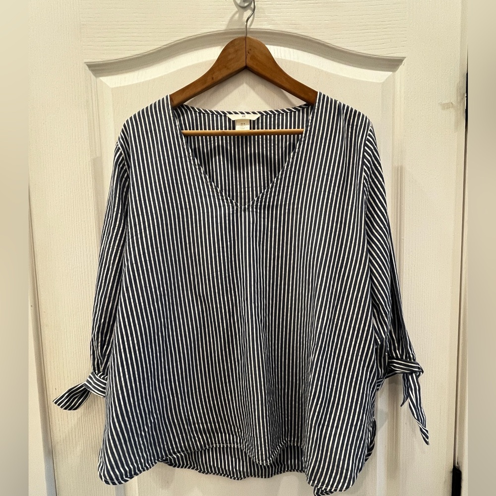 H&M Blue and White Striped Blouse with Tie Sleeves